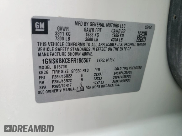 2015 Chevrolet Tahoe LT z VIN 1GNSKBKC5FR186507, wystawiony jako Copart lot #57157515 z przebiegiem 173 162 mil mil oraz Szkoda całkowita • Salvage title. Historia ofert i sprzedaży dostępna na DreamBid. Obrazek 13.