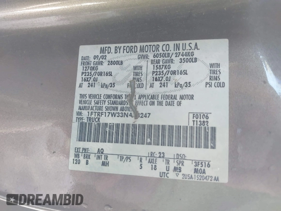 2003 Ford F-150 XL with VIN 1FTRF17W33NA33247, listed as a IAAI auction lot 41815581 with 171,256 mi miles and . Bid and sale history available at DreamBid. Image 9.