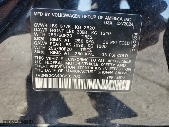 2024 Volkswagen Atlas Cross Sport 2.0T SE w/Technology with VIN 1V2HE2CA4RC232762, listed as a Copart auction lot 42627005 with 22,731 mi miles and Clean Title. Bid and sale history available at carsss.com. Image 13.