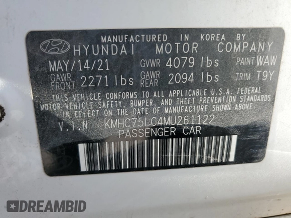 2021 Hyundai Ioniq SE with VIN KMHC75LC4MU261122, listed as a Copart auction lot 88657405 with 26,926 mi miles and Salvage Title. Bid and sale history available at DreamBid. Image 12.