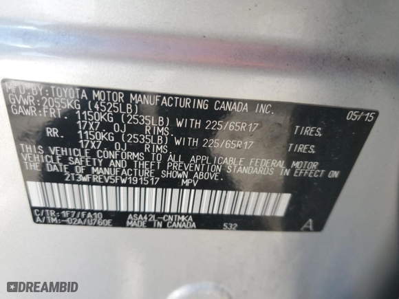 2015 Toyota RAV4 XLE with VIN 2T3WFREV5FW191517, listed as a Copart auction lot 48256725 with 66,299 mi miles and Salvage Title. Bid and sale history available at carsss.com. Image 13.