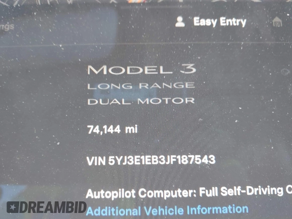 2018 Tesla Model 3 Long Range Battery z VIN 5YJ3E1EB3JF187543, wystawiony jako IAAI lot #41879169 z przebiegiem 74 144 mil mil oraz . Historia ofert i sprzedaży dostępna na DreamBid. Obrazek 16.