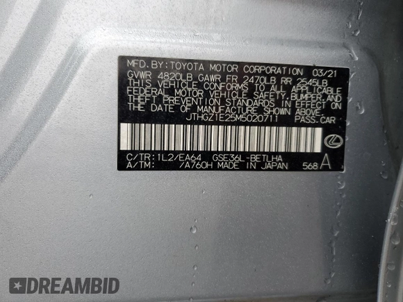 2021 Lexus IS 350 F Sport with VIN JTHGZ1E25M5020711, listed as a Copart auction lot 49412285 with 23,350 mi miles and Salvage title. Bid and sale history available at DreamBid. Image 14.