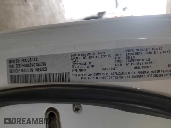 2022 Ram 2500 Tradesman with VIN 3C6UR5HL6NG155598, listed as a IAAI auction lot 42600127 with 123,453 mi miles and . Bid and sale history available at DreamBid. Image 27.