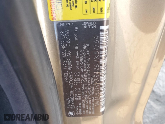 2006 BMW 3 Series 325Ci with VIN WBABW33426PX87764, listed as a Copart auction lot 44919615 with 111,471 mi miles and Salvage Title. Bid and sale history available at carsss.com. Image 13.