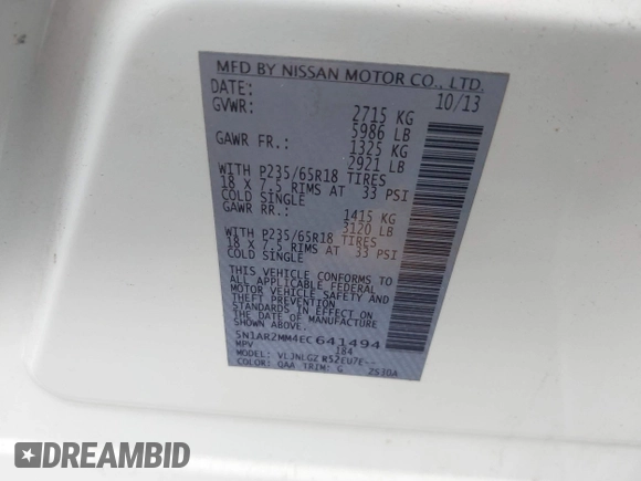 2014 Nissan Pathfinder S z VIN 5N1AR2MM4EC641494, wystawiony jako IAAI lot #42298487 z przebiegiem 142 360 mil mil oraz . Historia ofert i sprzedaży dostępna na DreamBid. Obrazek 9.