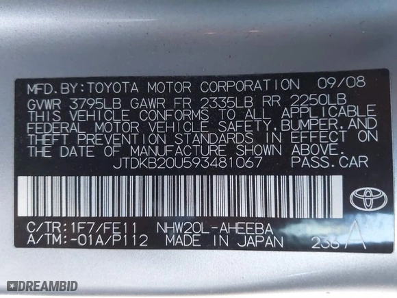 2009 Toyota Prius with VIN JTDKB20U593481067, listed as a IAAI auction lot 40945726 with 150,690 mi miles. Bid and sale history available at carsss.com. Image 9.