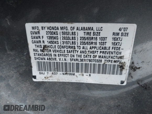 2007 Honda Odyssey EX-L z VIN 5FNRL38717B070328, wystawiony jako IAAI lot #41696829 z przebiegiem 171 229 mil mil oraz . Historia ofert i sprzedaży dostępna na DreamBid. Obrazek 9.