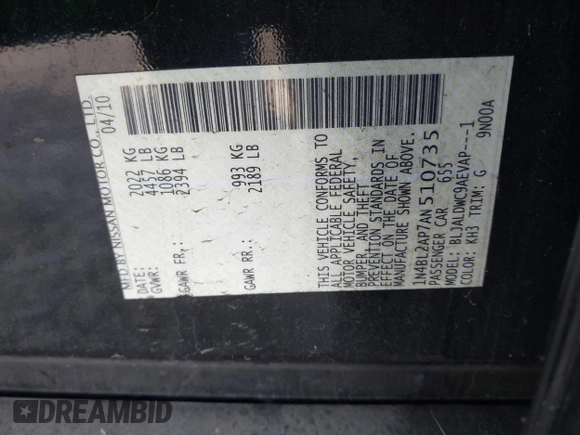 2010 Nissan Altima 3.5 SR with VIN 1N4BL2AP7AN510735, listed as a IAAI auction lot 41820166 with 184,172 mi miles. Bid and sale history available at carsss.com. Image 9.