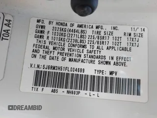2015 Honda CR-V EX with VIN 5J6RM3H51FL004699, listed as a IAAI auction lot 41891788 with 115,084 mi miles and . Bid and sale history available at carsss.com. Image 9.