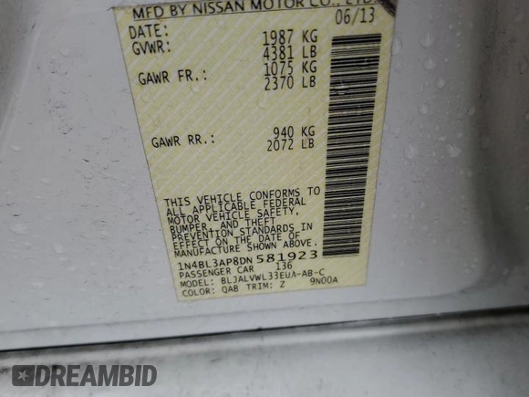 2013 Nissan Altima SV z VIN 1N4BL3AP8DN581923, wystawiony jako Copart lot #53995255 z przebiegiem 191 538 mil mil oraz Szkoda całkowita • Salvage title. Historia ofert i sprzedaży dostępna na DreamBid. Obrazek 12.