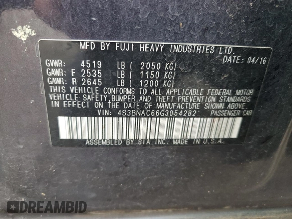 2016 Subaru Legacy Premium with VIN 4S3BNAC66G3054282, listed as a Copart auction lot 61608435 with 134,033 mi miles and Salvage title. Bid and sale history available at DreamBid. Image 12.