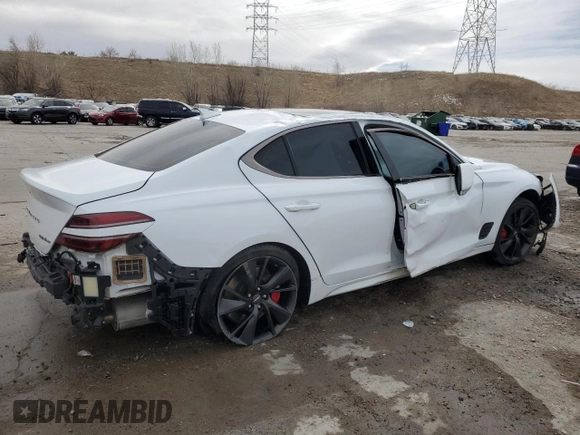 2022 Genesis G70 3.3T with VIN KMTG54TE3NU102585, listed as a Copart auction lot 49923945 with 34,974 mi miles and Salvage title. Bid and sale history available at DreamBid. Image 3.