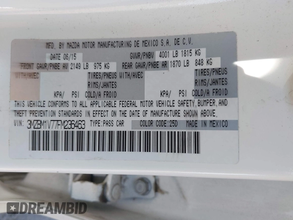 2015 Mazda 3 i Touring with VIN 3MZBM1V77FM236463, listed as a IAAI auction lot 42232927 with 73,040 mi miles and . Bid and sale history available at DreamBid. Image 9.