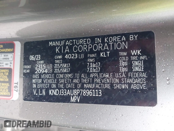 2023 Kia Soul EX with VIN KNDJ33AU8P7896113, listed as a IAAI auction lot 41896500 with 36,599 mi miles. Bid and sale history available at carsss.com. Image 9.