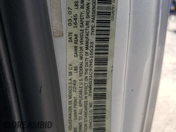 2007 Volkswagen Beetle with VIN 3VWRG31C97M515533, listed as a Copart auction lot 65830105 with 110,612 mi miles and Salvage title. Bid and sale history available at DreamBid. Image 12.