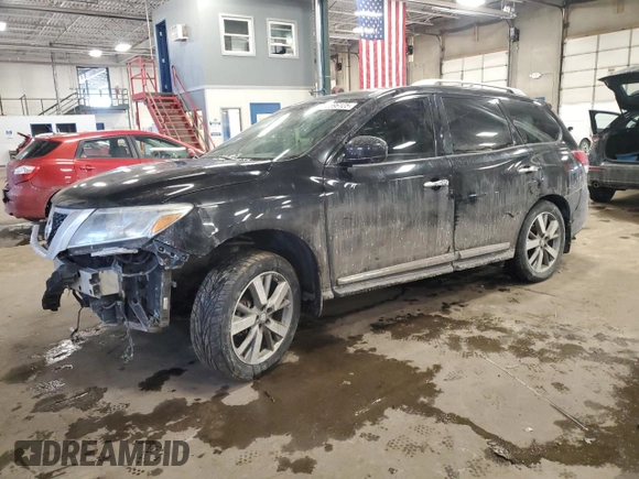 2015 Nissan Pathfinder SV with VIN 5N1AR2MMXFC681953, listed as a Copart auction lot 45596125 with 107,685 mi miles and Salvage title. Bid and sale history available at DreamBid. Image 1.