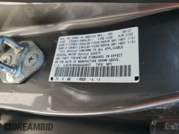 2008 Acura RDX Technology with VIN 5J8TB18548A000877, listed as a Copart auction lot 62715175 with 254,589 mi miles and Salvage title. Bid and sale history available at DreamBid. Image 13.