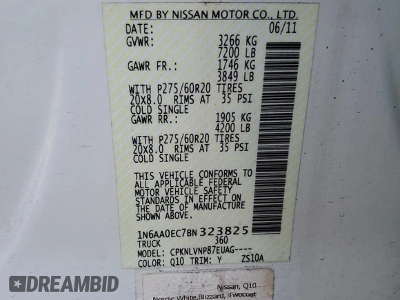 2011 Nissan Titan SL with VIN 1N6AA0EC7BN323825, listed as a Copart auction lot 46978315 with 143,228 mi miles and Salvage Title. Bid and sale history available at carsss.com. Image 12.