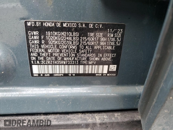 2024 Honda HR-V LX with VIN 3CZRZ1H35RM733313, listed as a Copart auction lot 57573485 with 23,683 mi miles and Salvage title. Bid and sale history available at DreamBid. Image 13.