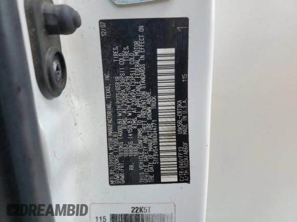 2008 Toyota Tundra with VIN 5TFBV54198X044771, listed as a Copart auction lot 58296815 with 288,619 mi miles and Salvage title. Bid and sale history available at DreamBid. Image 12.