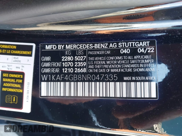2022 Mercedes-Benz C 300 with VIN W1KAF4GB8NR047335, listed as a IAAI auction lot 41785599 with 37,157 mi miles and . Bid and sale history available at DreamBid. Image 9.
