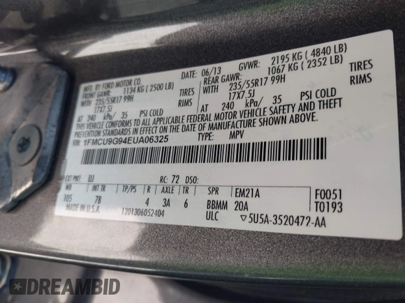 2014 Ford Escape SE с VIN 1FMCU9G94EUA06325, выставлен на аукционе IAAI как лот 42075667 с пробегом 157 523 миль миль и . История ставок и продаж доступна на DreamBid. Изображение 9.