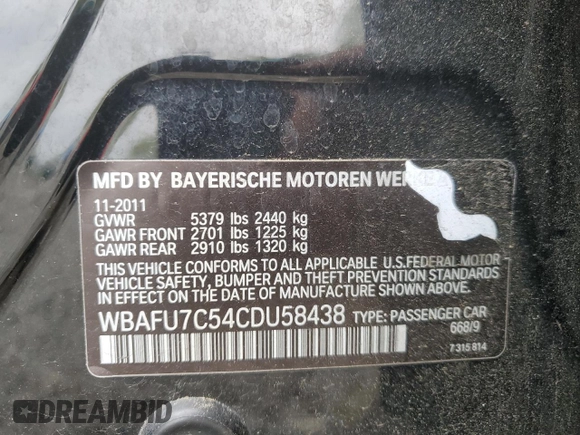 2012 BMW 5 Series 535i xDrive with VIN WBAFU7C54CDU58438, listed as a Copart auction lot 55346185 with 159,821 mi miles and Clean Title. Bid and sale history available at carsss.com. Image 12.