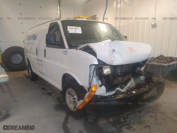 2017 Chevrolet Express Cargo Van with VIN 1GCWGAFF5H1344663, listed as a IAAI auction lot 35558326 with 50 mi miles. Bid and sale history available at carsss.com. Image 1.