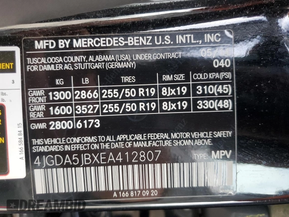 2014 Mercedes-Benz M 350 with VIN 4JGDA5JBXEA412807, listed as a Copart auction lot 60500575 with 138,617 mi miles and Salvage title. Bid and sale history available at DreamBid. Image 14.