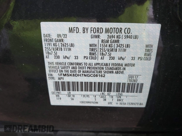 2022 Ford Explorer XLT z VIN 1FMSK8DH7NGC08162, wystawiony jako IAAI lot #42358664 z przebiegiem 32 782 mil mil oraz . Historia ofert i sprzedaży dostępna na DreamBid. Obrazek 9.