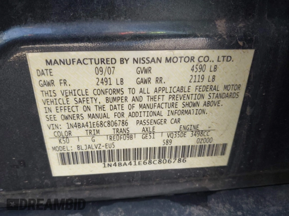 2008 Nissan Maxima SE z VIN 1N4BA41E68C806786, wystawiony jako IAAI lot #41849342 z przebiegiem 228 321 mil mil oraz . Historia ofert i sprzedaży dostępna na DreamBid. Obrazek 9.