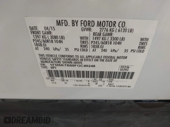 2015 Ford Explorer с VIN 1FM5K7B88FGC49248, выставлен на аукционе IAAI как лот 42276893 с пробегом 133 056 миль миль и . История ставок и продаж доступна на DreamBid. Изображение 9.
