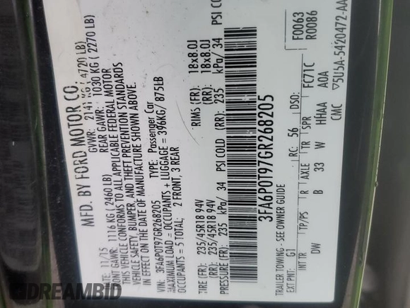 2016 Ford Fusion SE with VIN 3FA6P0T97GR268205, listed as a Copart auction lot 45900835 with 137,656 mi miles and Salvage Title. Bid and sale history available at carsss.com. Image 12.