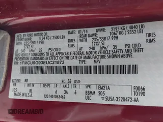 2014 Ford Escape SE z VIN 1FMCU9G93EUC21873, wystawiony jako IAAI lot #41401305 z przebiegiem 222 142 mil mil oraz . Historia ofert i sprzedaży dostępna na DreamBid. Obrazek 9.