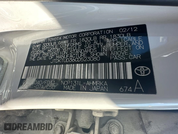 2012 Toyota Yaris L with VIN JTDKTUD36CD523080, listed as a Copart auction lot 88991985 with 134,041 mi miles and Clean Title. Bid and sale history available at carsss.com. Image 10.