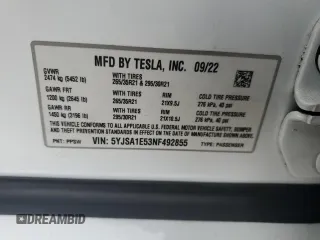 2022 Tesla Model S with VIN 5YJSA1E53NF492855, listed as a Copart auction lot 54545185 with 62,856 mi miles and Salvage title. Bid and sale history available at DreamBid. Image 13.