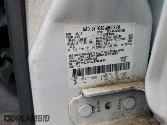 2012 Ford F-250 XL with VIN 1FT7W2B65CEB43866, listed as a Copart auction lot 64613865 with 134,635 mi miles and Clean title. Bid and sale history available at DreamBid. Image 12.