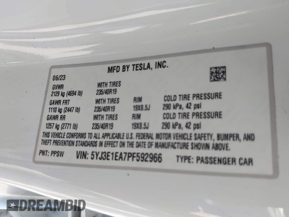 2023 Tesla Model 3 with VIN 5YJ3E1EA7PF592966, listed as a IAAI auction lot 41879794 with 13,423 mi miles and . Bid and sale history available at carsss.com. Image 9.