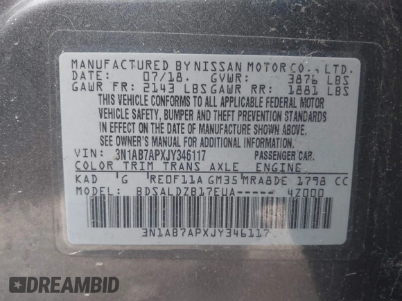 2018 Nissan Sentra S with VIN 3N1AB7APXJY346117, listed as a IAAI auction lot 41847021 with 99,068 mi miles and . Bid and sale history available at DreamBid. Image 9.