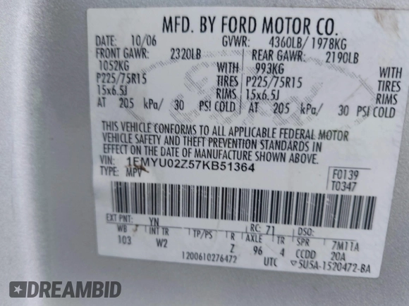 2007 Ford Escape XLS with VIN 1FMYU02Z57KB51364, listed as a IAAI auction lot 42537151 with 251,314 mi miles and . Bid and sale history available at DreamBid. Image 9.