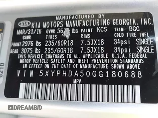 2016 Kia Sorento EX with VIN 5XYPHDA50GG180688, listed as a IAAI auction lot 41745044 with 107,952 mi miles. Bid and sale history available at carsss.com. Image 9.