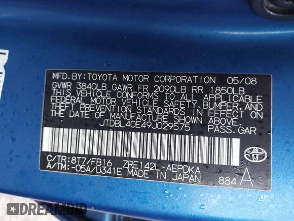 2009 Toyota Corolla with VIN JTDBL40E49J029575, listed as a IAAI auction lot 41569124 with 81,232 mi miles. Bid and sale history available at carsss.com. Image 9.
