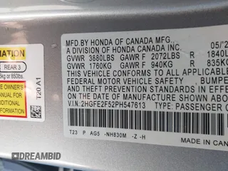2023 Honda Civic Sedan Sport with VIN 2HGFE2F52PH547613, listed as a IAAI auction lot 41129333 with 39,121 mi miles. Bid and sale history available at carsss.com. Image 9.