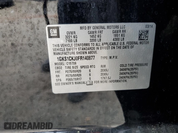 2015 GMC Yukon Denali with VIN 1GKS1CKJ0FR140877, listed as a Copart auction lot 50917985 with 180,726 mi miles and Salvage Title. Bid and sale history available at carsss.com. Image 13.