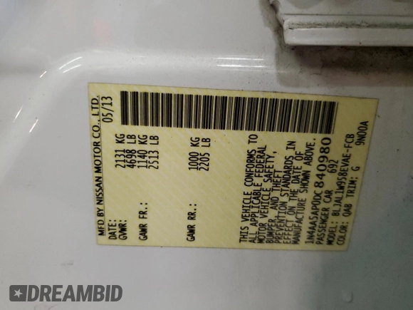 2013 Nissan Maxima SV z VIN 1N4AA5AP0DC840980, wystawiony jako Copart lot #58096015 z przebiegiem 191 445 mil mil oraz Szkoda całkowita • Salvage title. Historia ofert i sprzedaży dostępna na DreamBid. Obrazek 12.