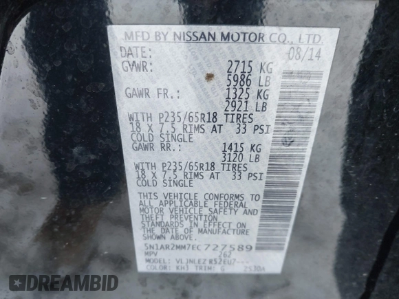 2014 Nissan Pathfinder S z VIN 5N1AR2MM7EC727589, wystawiony jako IAAI lot #41360143 z przebiegiem 76 268 mil mil oraz . Historia ofert i sprzedaży dostępna na DreamBid. Obrazek 9.