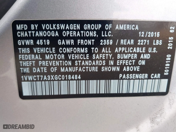 2016 Volkswagen Passat 1.8T SEL with VIN 1VWCT7A3XGC018484, listed as a IAAI auction lot 41763388 with 123,484 mi miles. Bid and sale history available at carsss.com. Image 9.