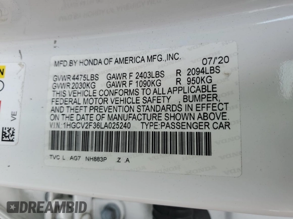 2020 Honda Accord Sport with VIN 1HGCV2F36LA025240, listed as a Copart auction lot 58564985 with 52,954 mi miles and Salvage title. Bid and sale history available at DreamBid. Image 13.