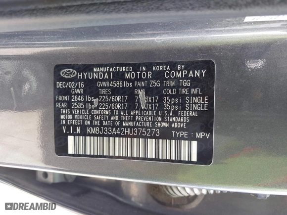 2017 Hyundai Tucson SE Plus with VIN KM8J33A42HU375273, listed as a IAAI auction lot 41900474 with 124,658 mi miles. Bid and sale history available at carsss.com. Image 9.